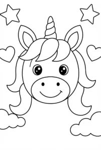 Easy smiling unicorn face with large coloring spaces