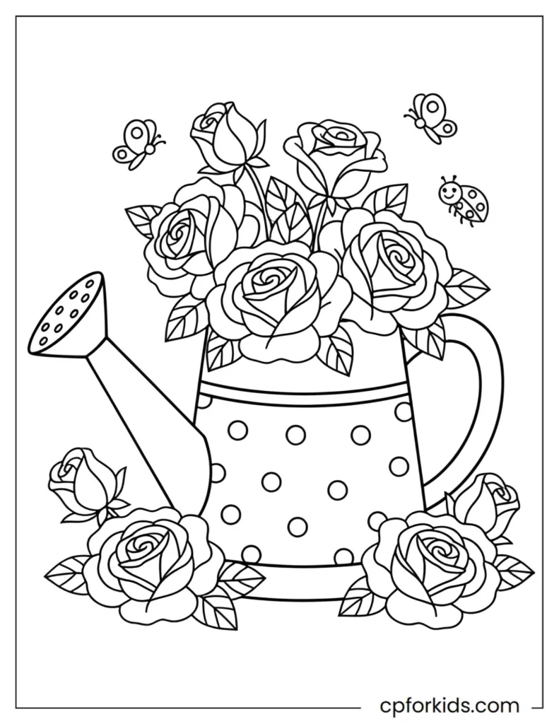Simple spring watering can filled with roses, clear bold outlines for relaxing coloring.