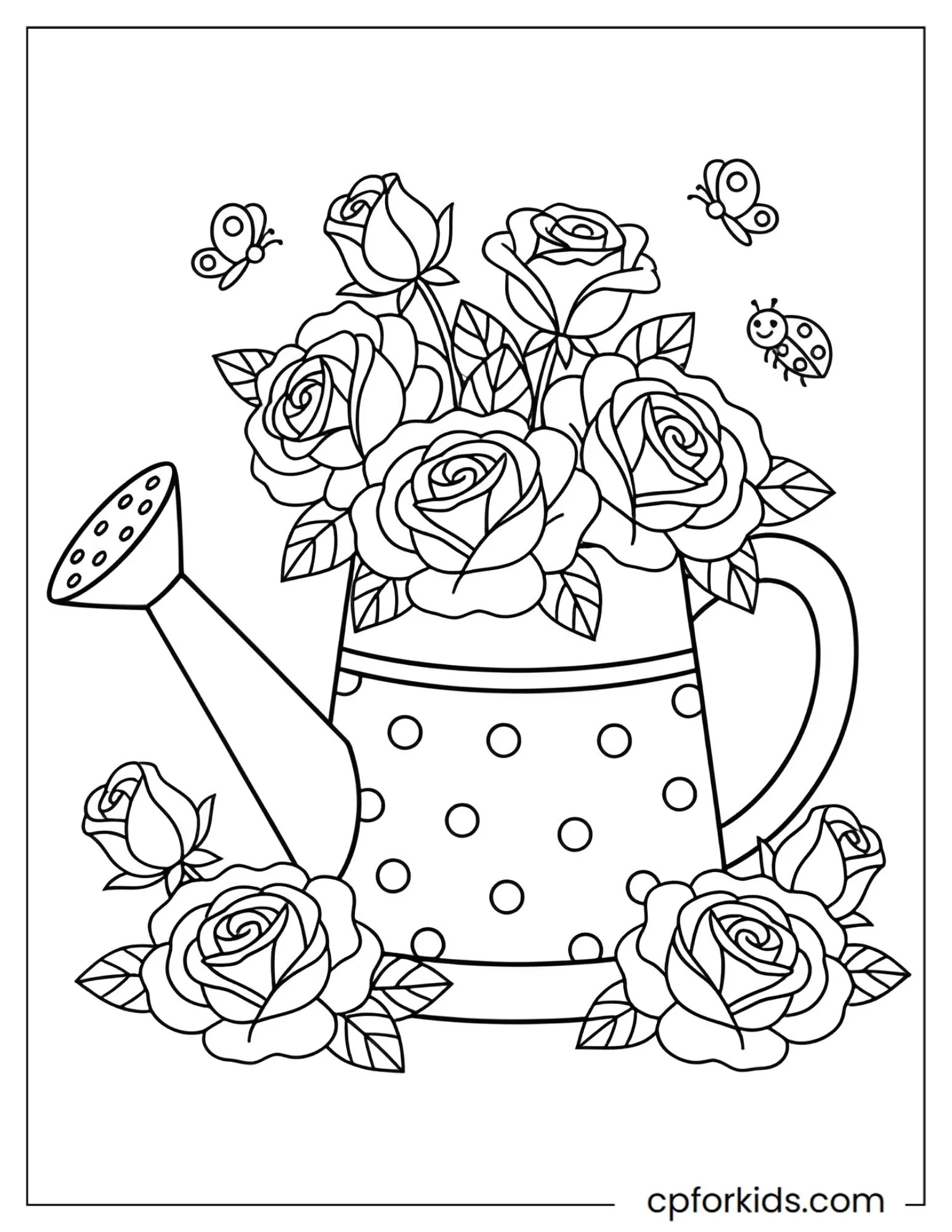 Watering can filled with blooming roses