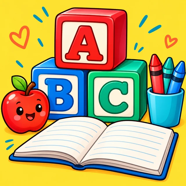 ABC blocks beside a notebook crayons and an apple