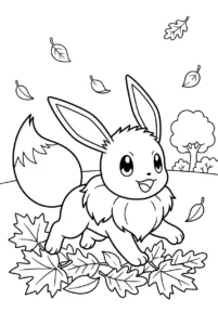 Eevee running happily through large falling autumn leaves