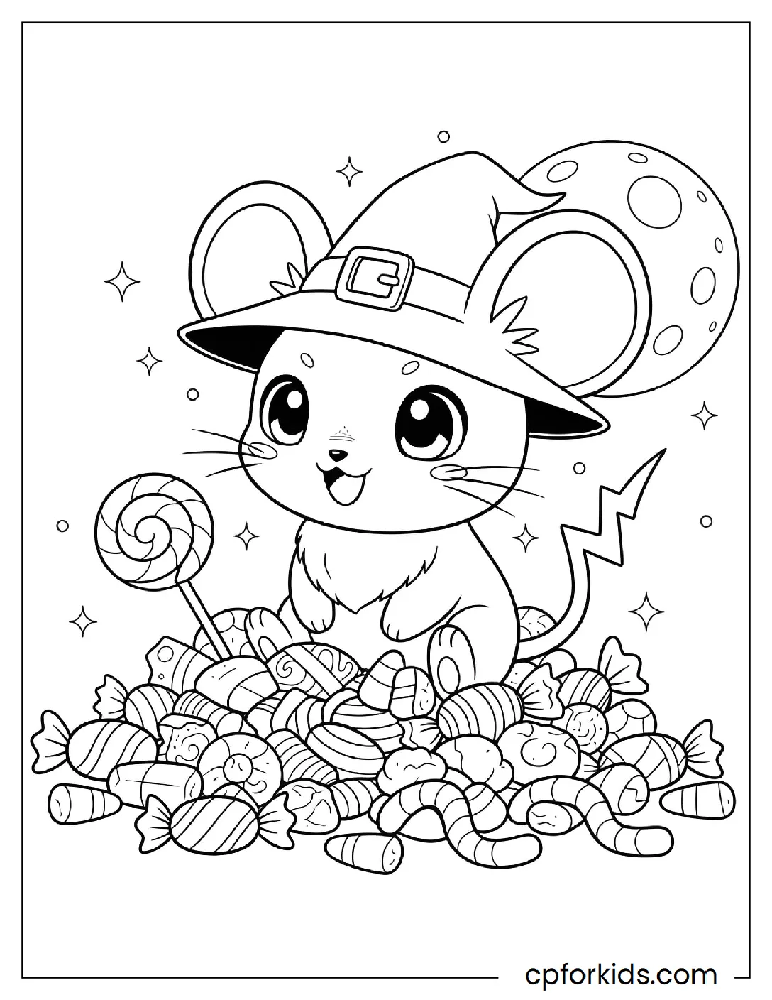 Cartoon mouse in a witch hat with candy
