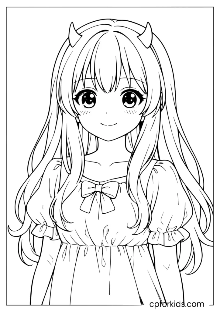 Elegant anime female lead with tiny horns coloring page