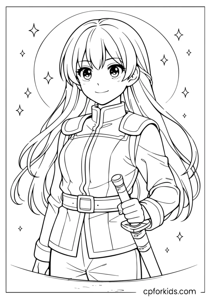 Elegant anime swordswoman portrait coloring page