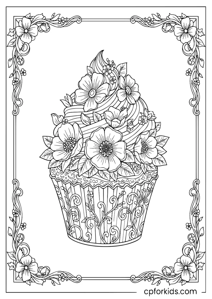 Floral cupcake coloring page with petal frosting and decorative border