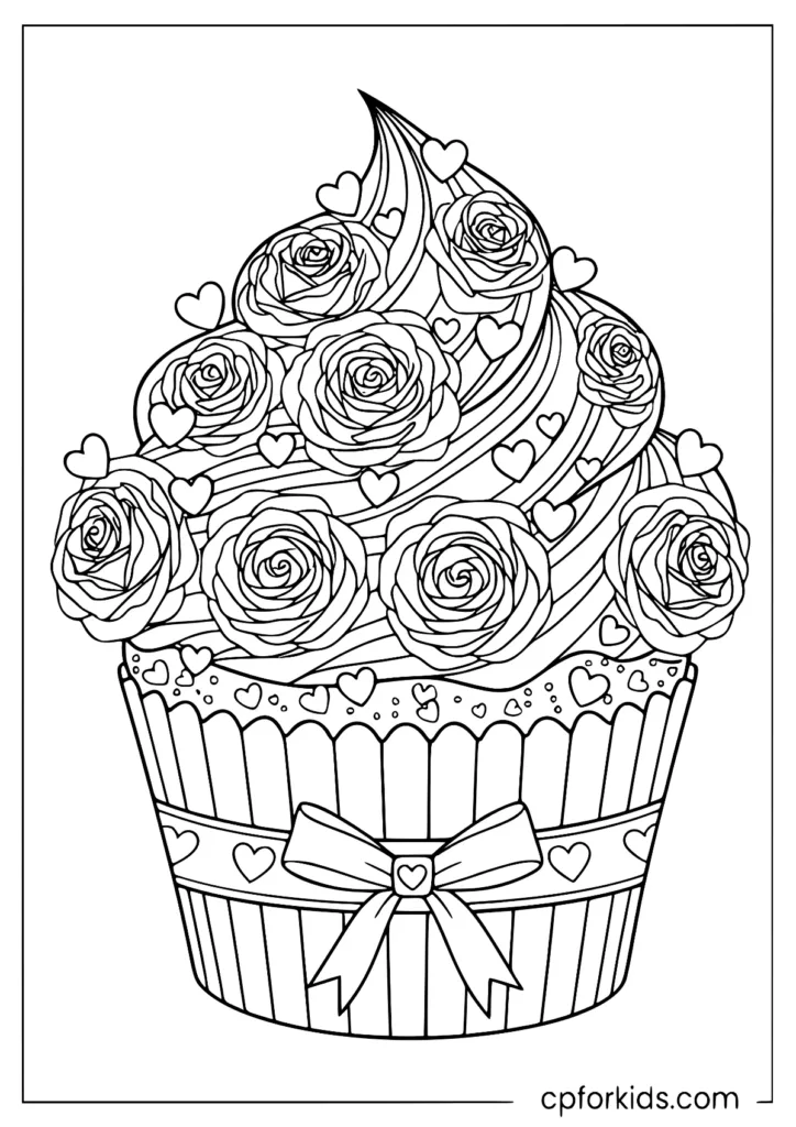 Valentine cupcake with hearts and rose pattern details