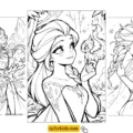 Free printable Elsa coloring pages — Elsa ice powers, Elsa with Bruni the fire spirit, and Elsa and Anna hugging
