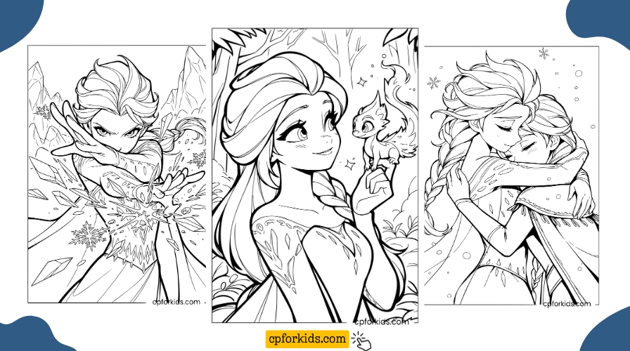 Free printable Elsa coloring pages — Elsa ice powers, Elsa with Bruni the fire spirit, and Elsa and Anna hugging