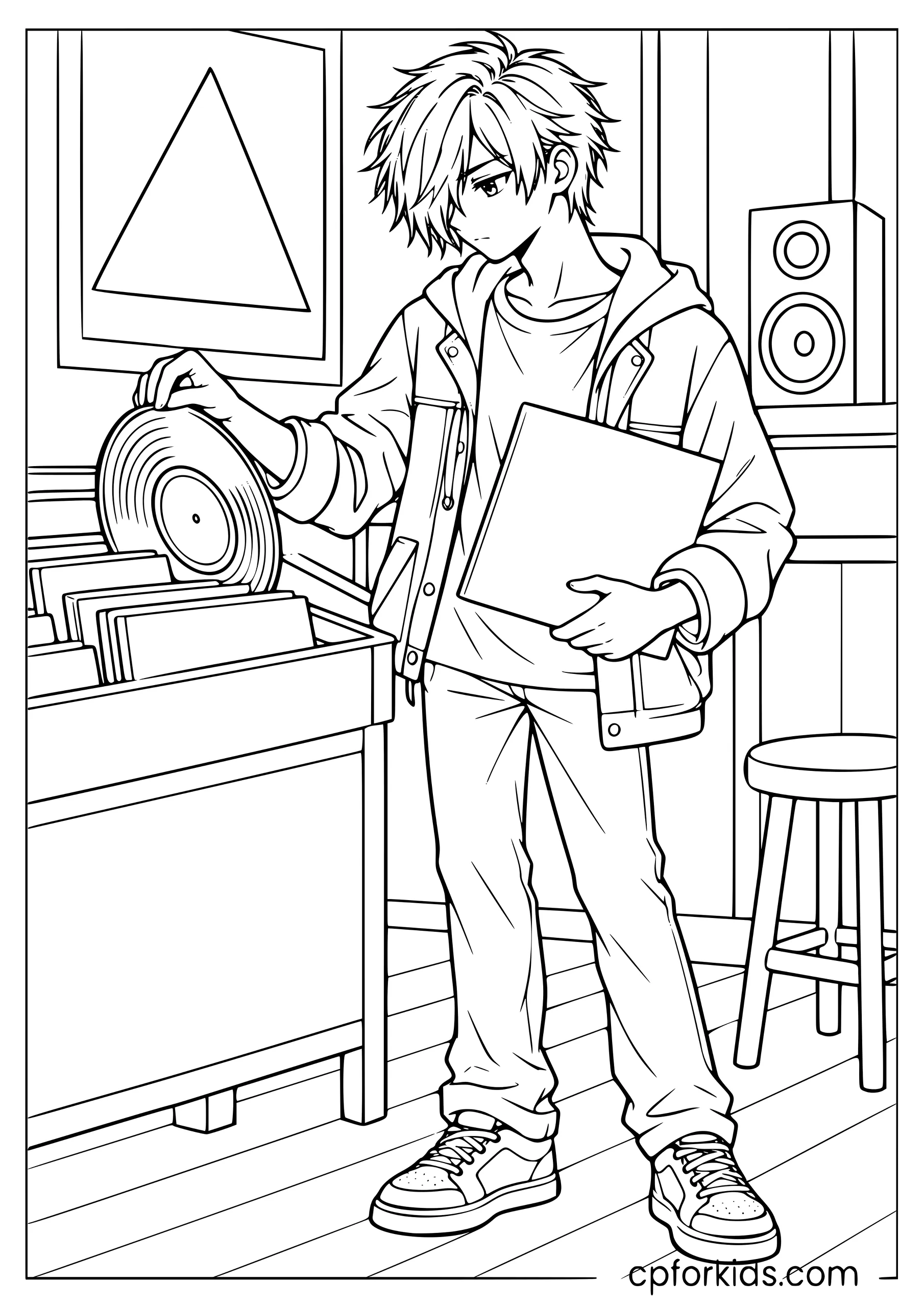 Emo anime boy choosing a record in a shop