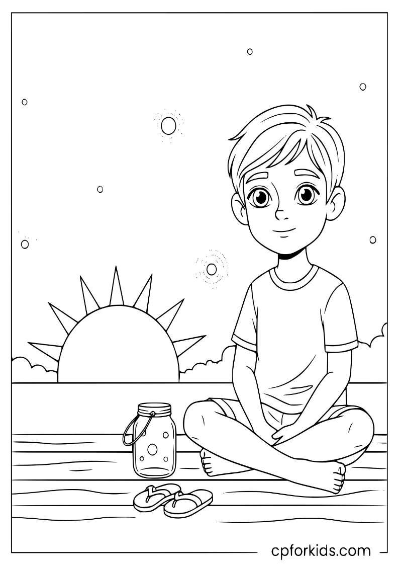 Child watching fireflies by a glass jar during a summer sunset