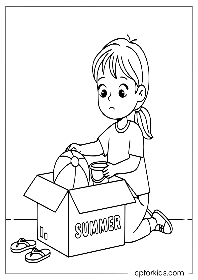 Child packing a beach ball and sand bucket into a "Summer" storage box