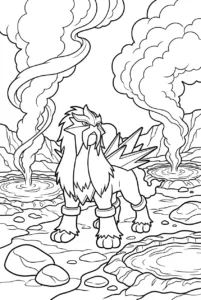 Entei walking between geyser pools and large steam plumes