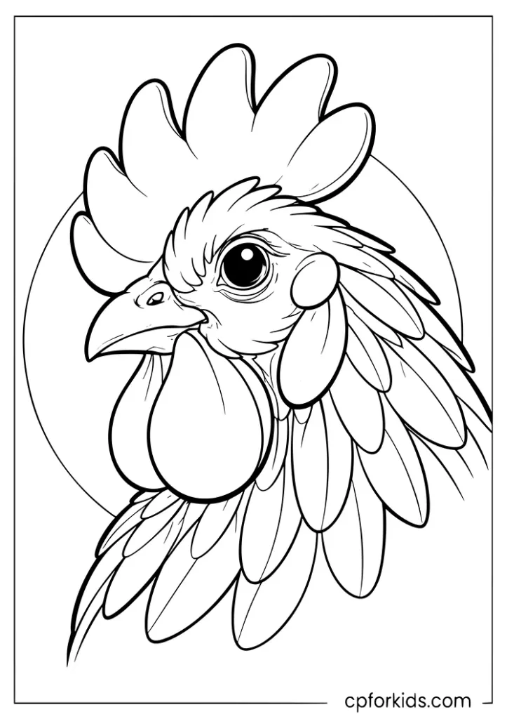 Extreme close up rooster head with bold feather sections coloring page