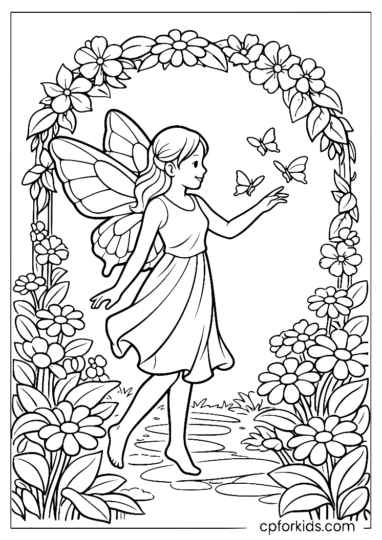 Winged fairy reaching toward butterflies inside a floral arch