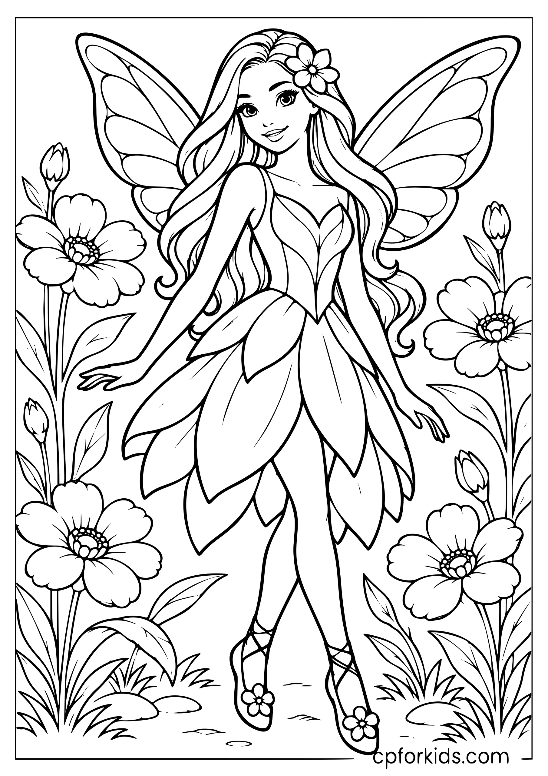 Barbie with delicate fairy wings standing among tall flowers