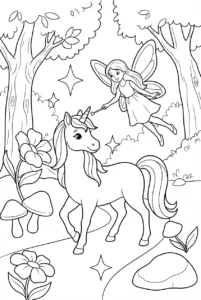 Fairy flying beside a unicorn in an enchanted forest