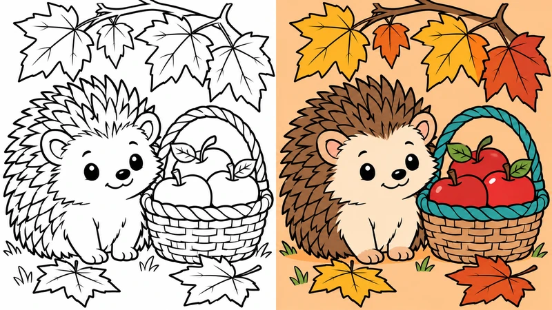 Cute hedgehog beside an apple basket under autumn leaves