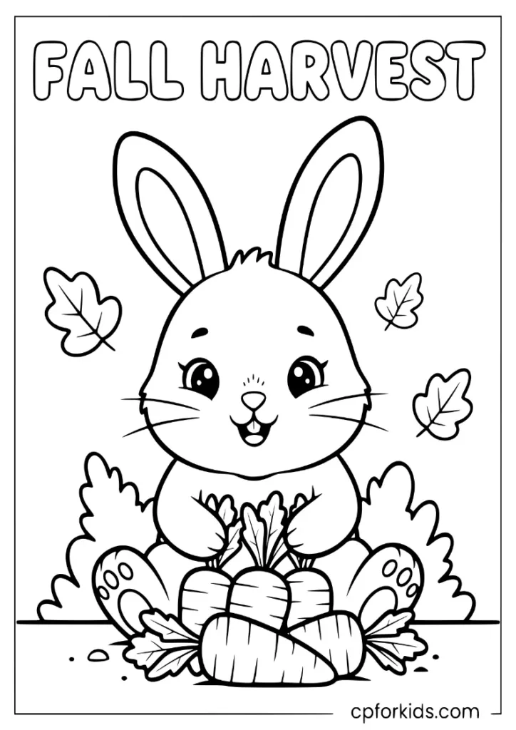 Bunny rabbit harvesting carrots in a garden, fall November coloring printable.
