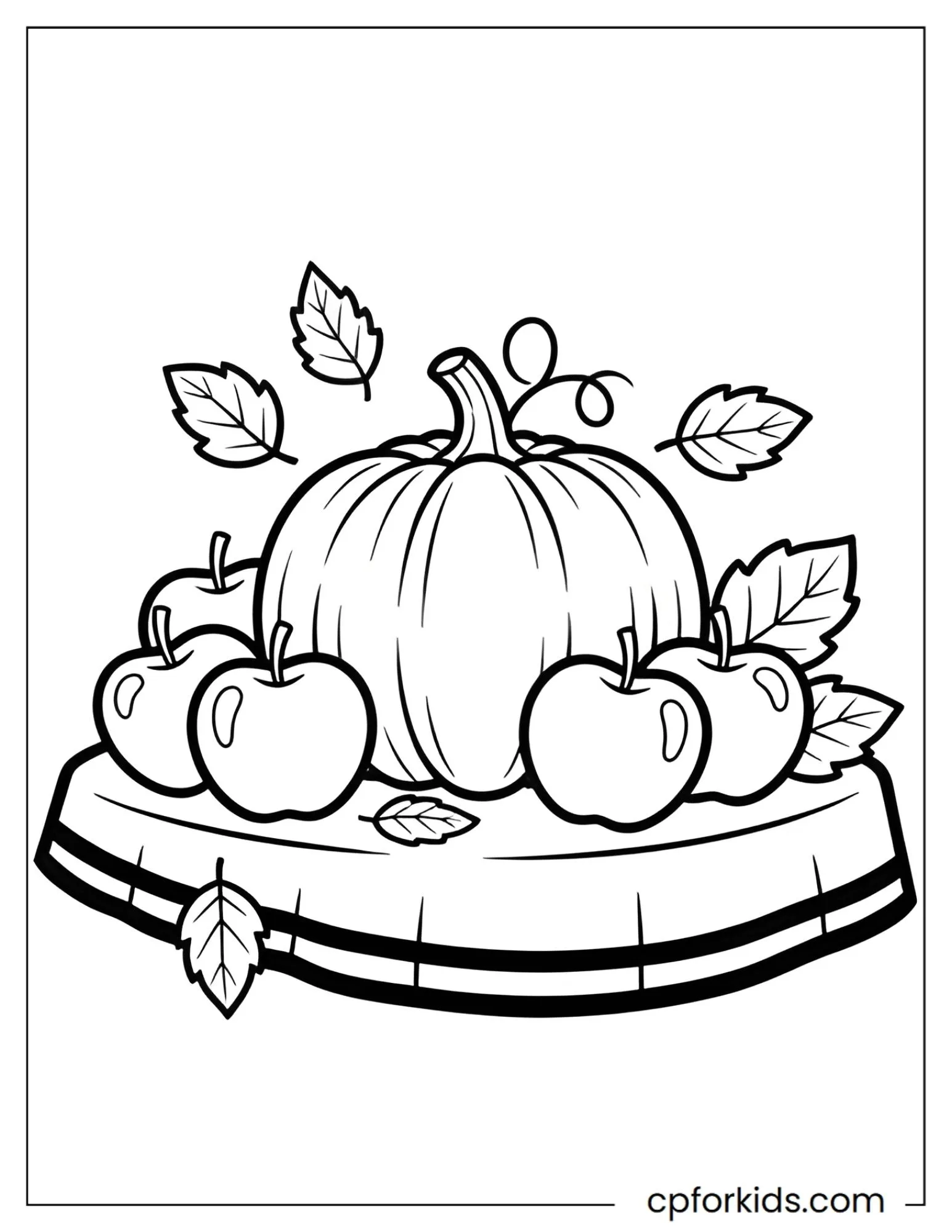 Table filled with apples, pumpkins, and autumn leaves