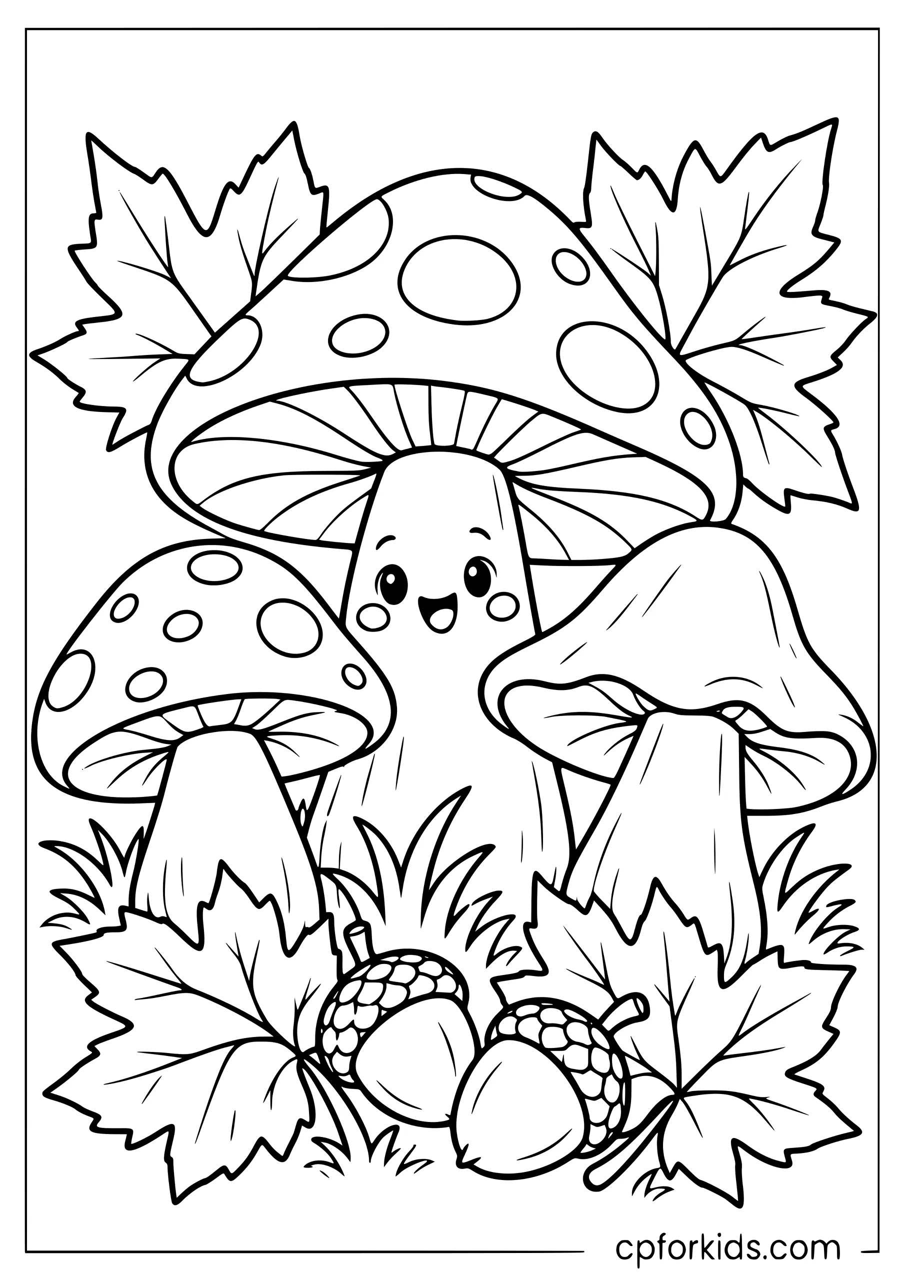 Cute mushrooms surrounded by autumn leaves and acorns