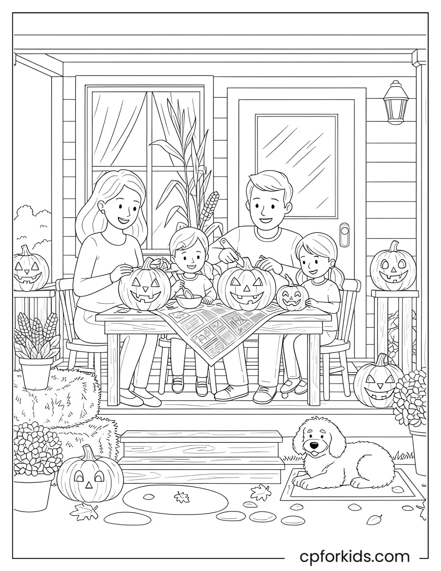 Family carving pumpkins together on a front porch