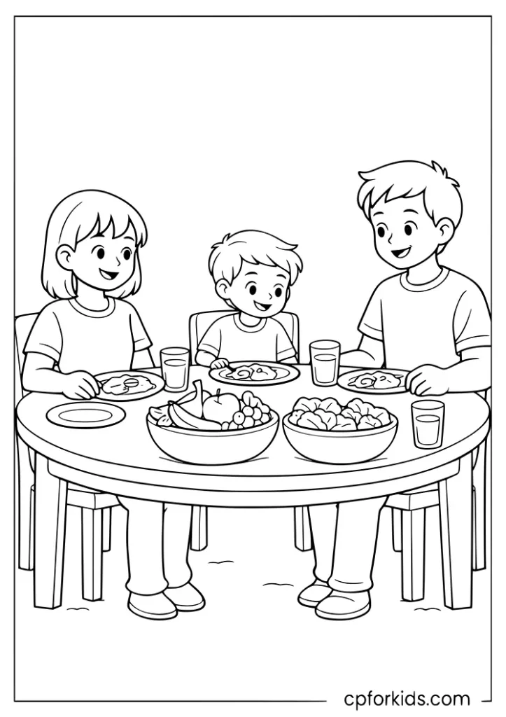 Family eating a healthy meal together coloring page