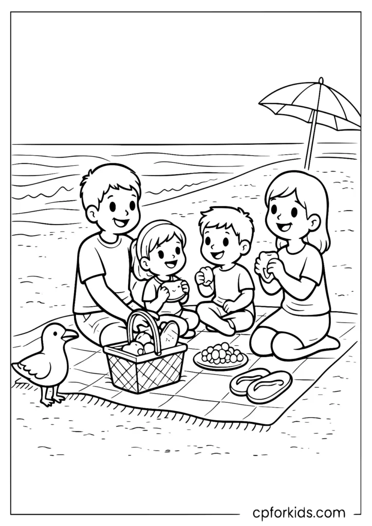 Family picnic by the sea coloring page