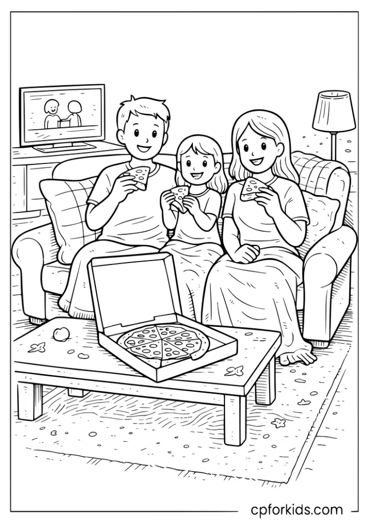Family sharing pizza on the couch for a cozy pizza night coloring page