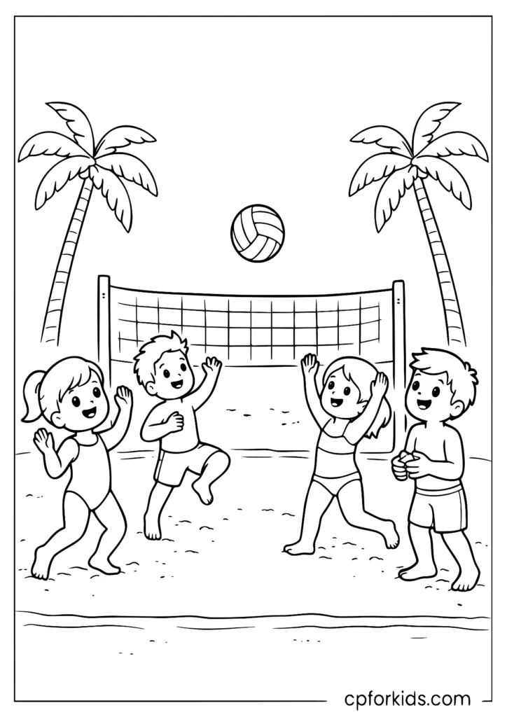 Family playing beach volleyball coloring page