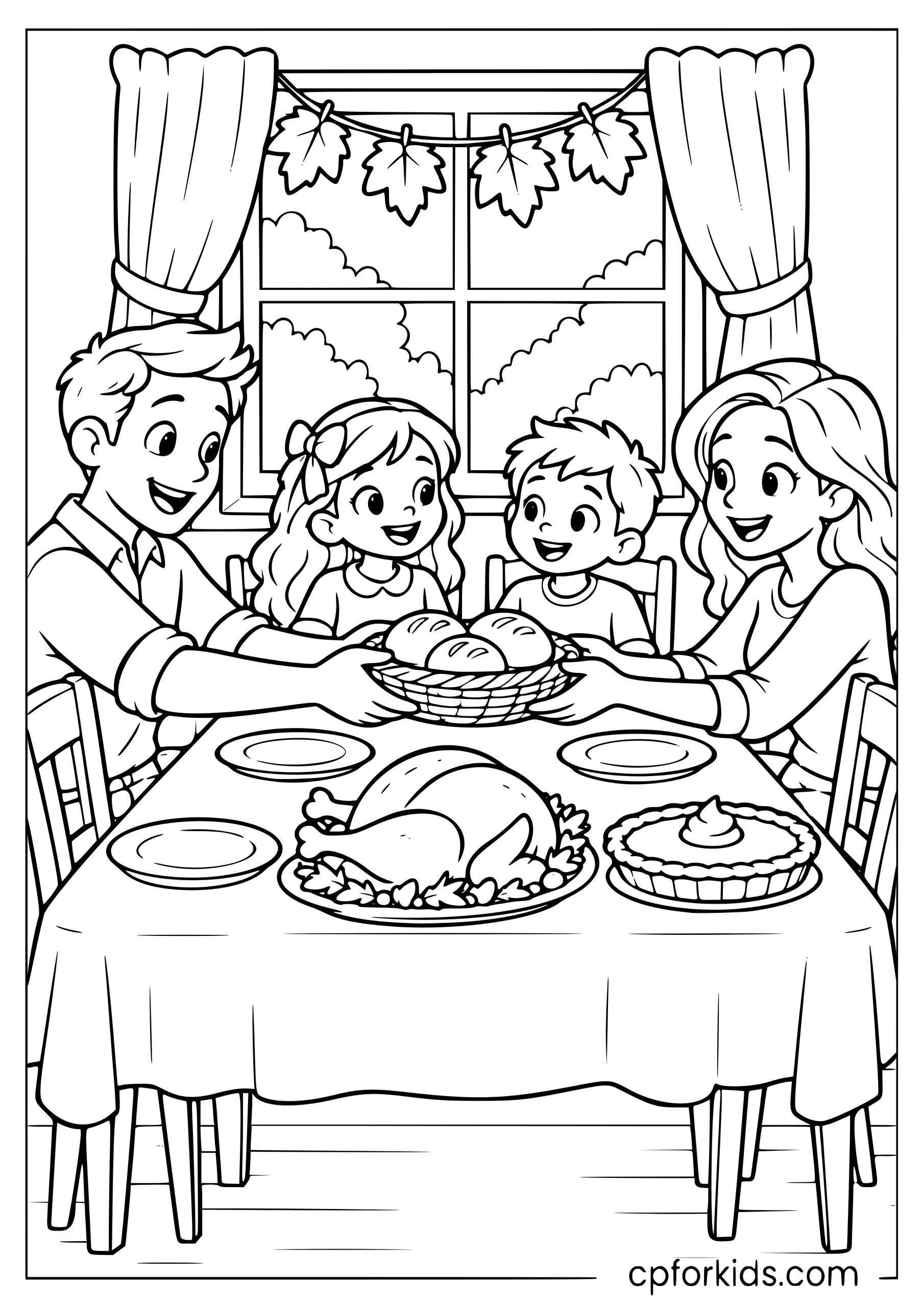 Family passing bread around a Thanksgiving table beneath a window
