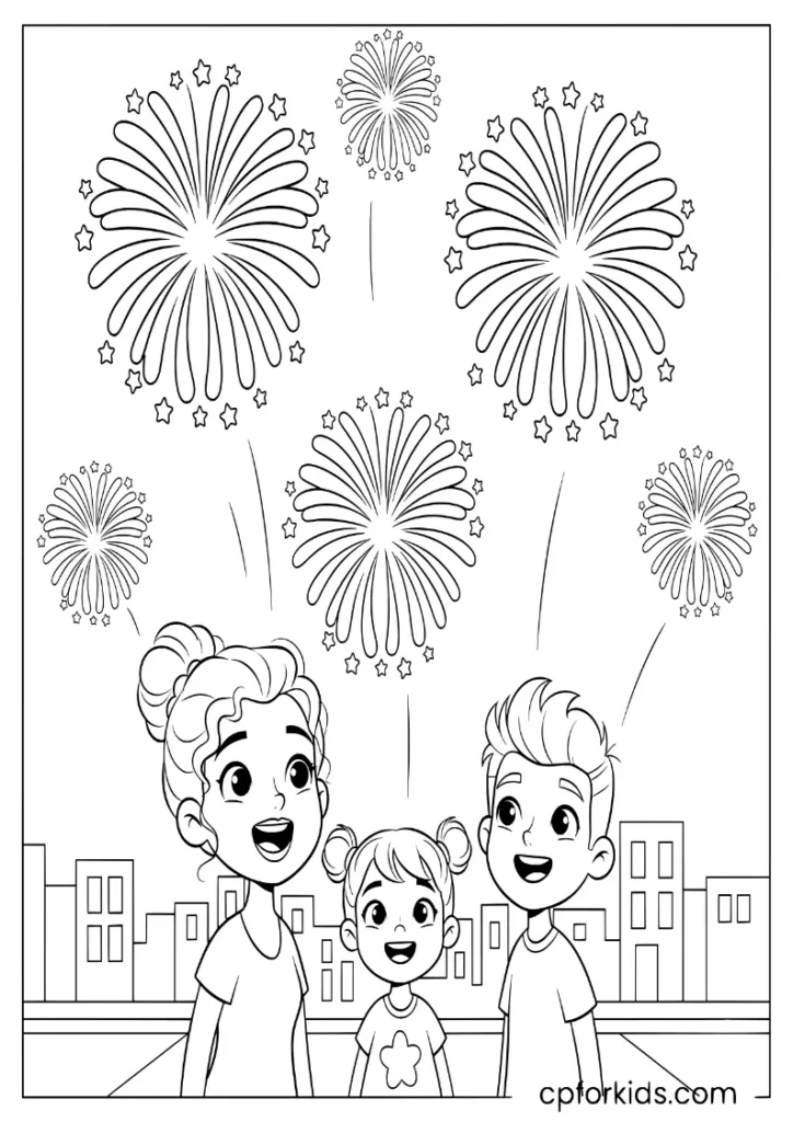 Family watching fireworks in a crowded city square at night