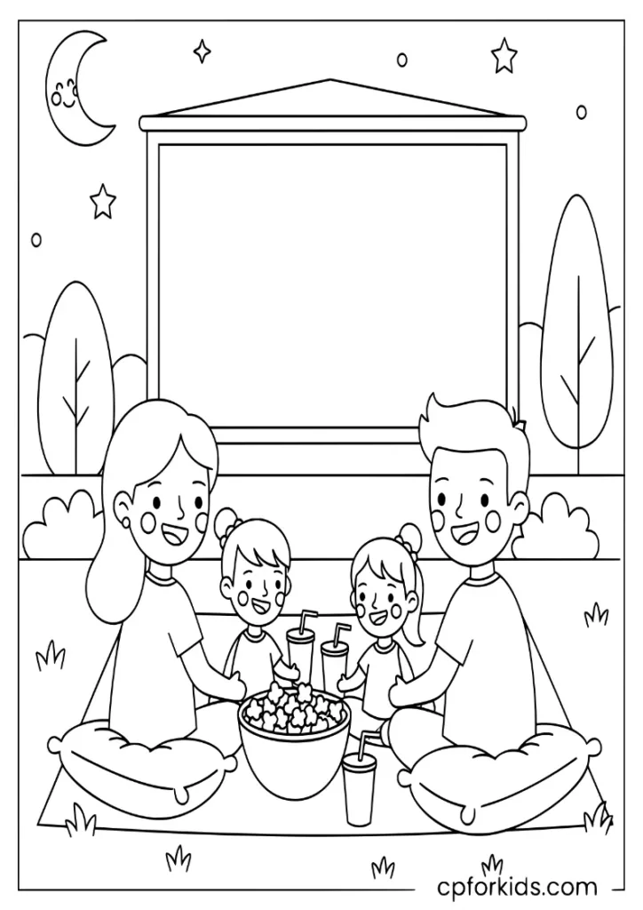 Family sitting on cushions watching a movie on a large outdoor screen in their backyard