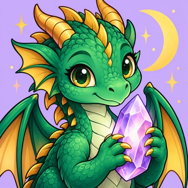 Green dragon holding a purple crystal beneath a moon