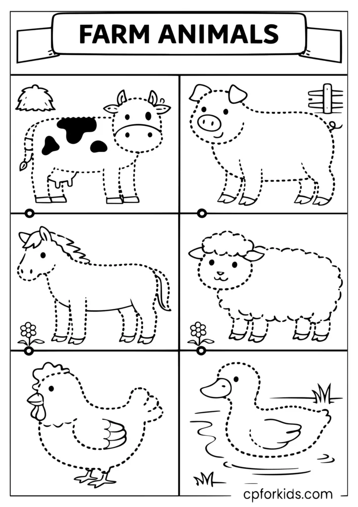 Farm animal tracing coloring page with dotted animal outlines to trace and color