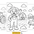 Farm coloring pages featuring a tractor, smiling farmer, barn, and farm animals in simple printable scenes for kids