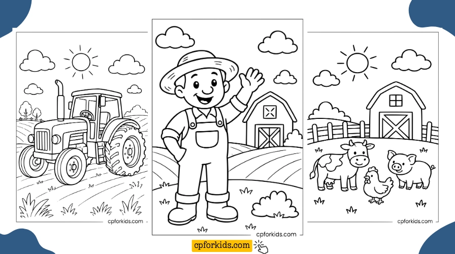 Farm coloring pages featuring a tractor, smiling farmer, barn, and farm animals in simple printable scenes for kids