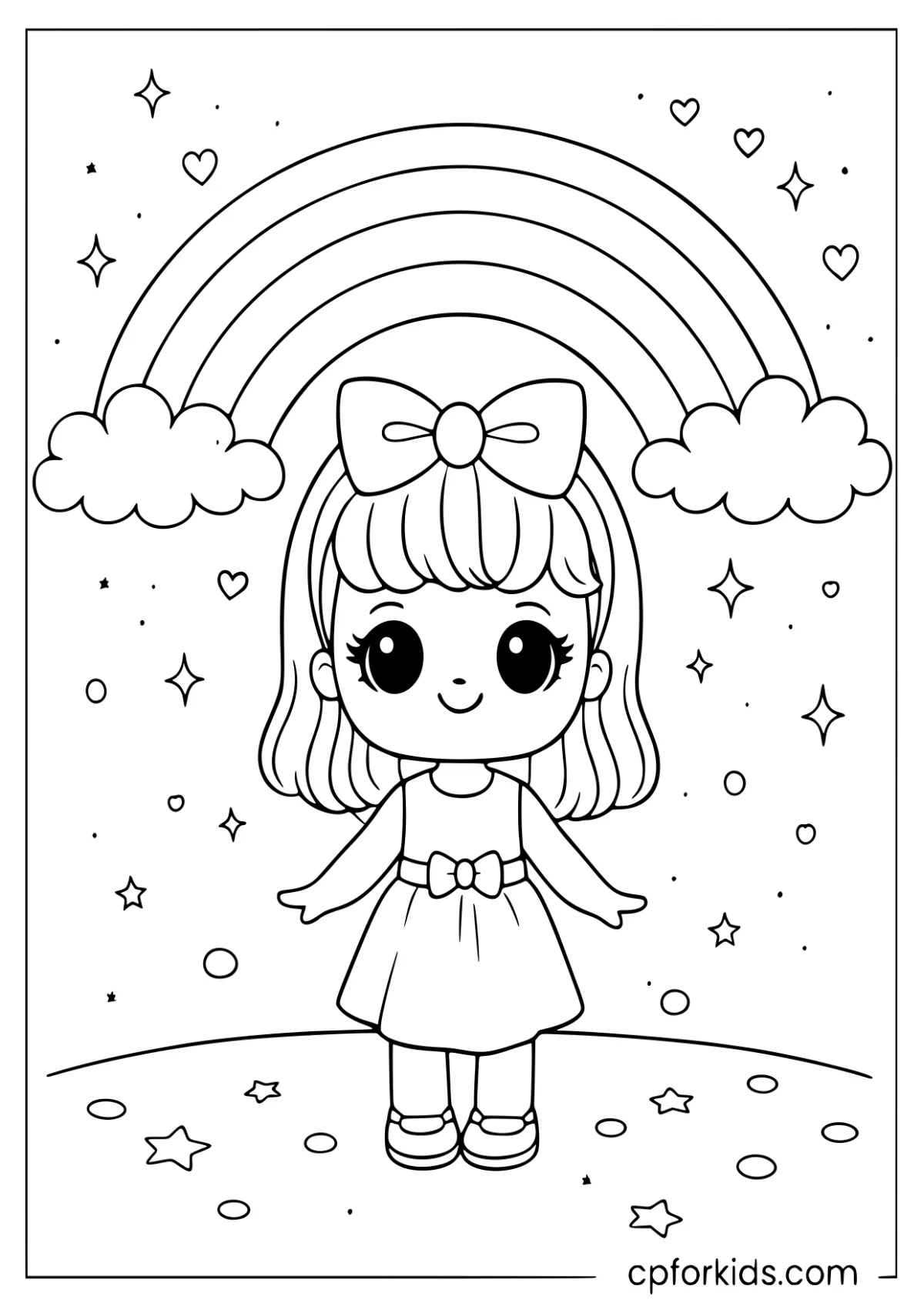 Fashion doll posing under a rainbow