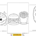 Fast food coloring pages featuring a kawaii donut, burger with fries, and a corndog for kids