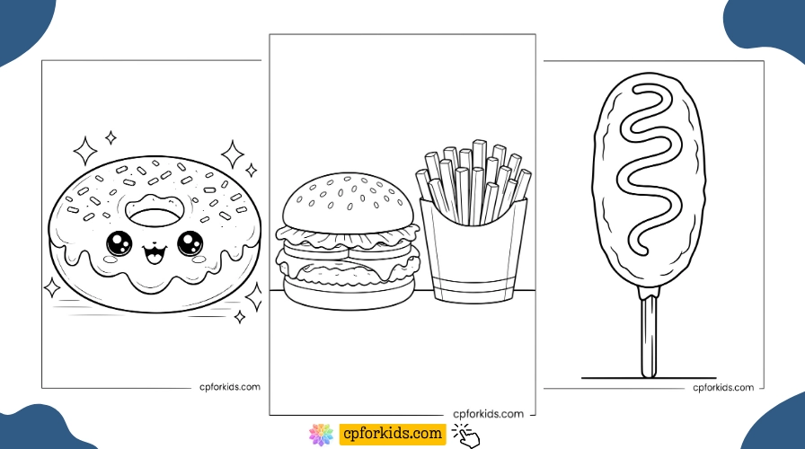 Fast food coloring pages featuring a kawaii donut, burger with fries, and a corndog for kids