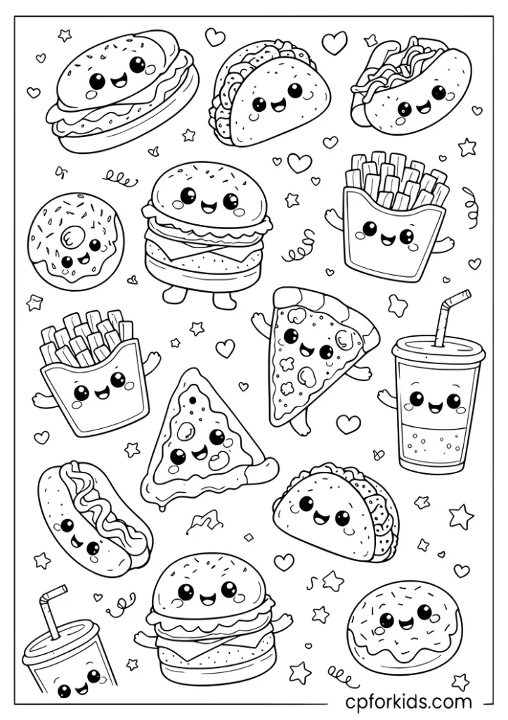 Fast food doodle coloring page with burger pizza fries and more for kids