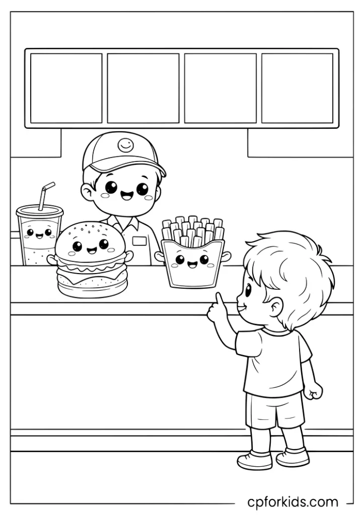 Fast food restaurant counter coloring page with a child ordering food