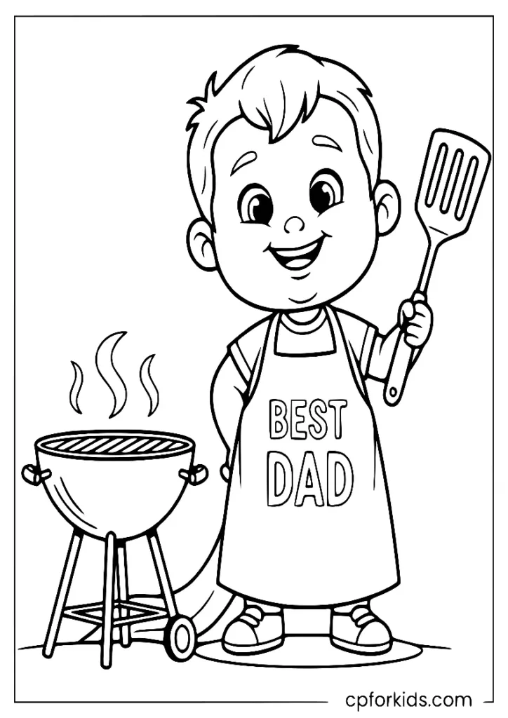 Little boy wearing an oversized apron at a Father's Day BBQ coloring page