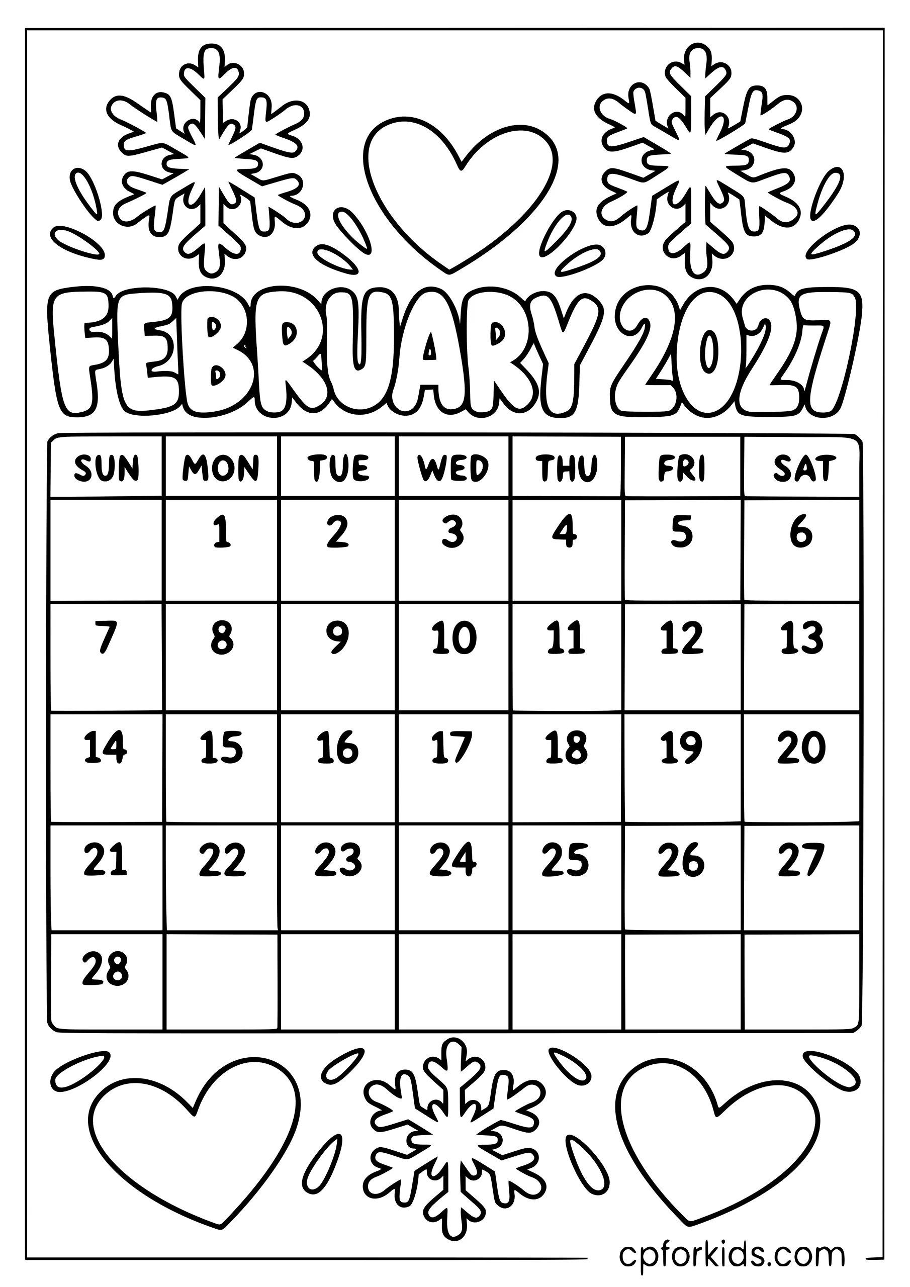 February 2027 calendar with hearts and snowflakes
