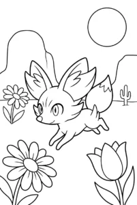 Fennekin leaping past wildflowers in a rocky desert landscape