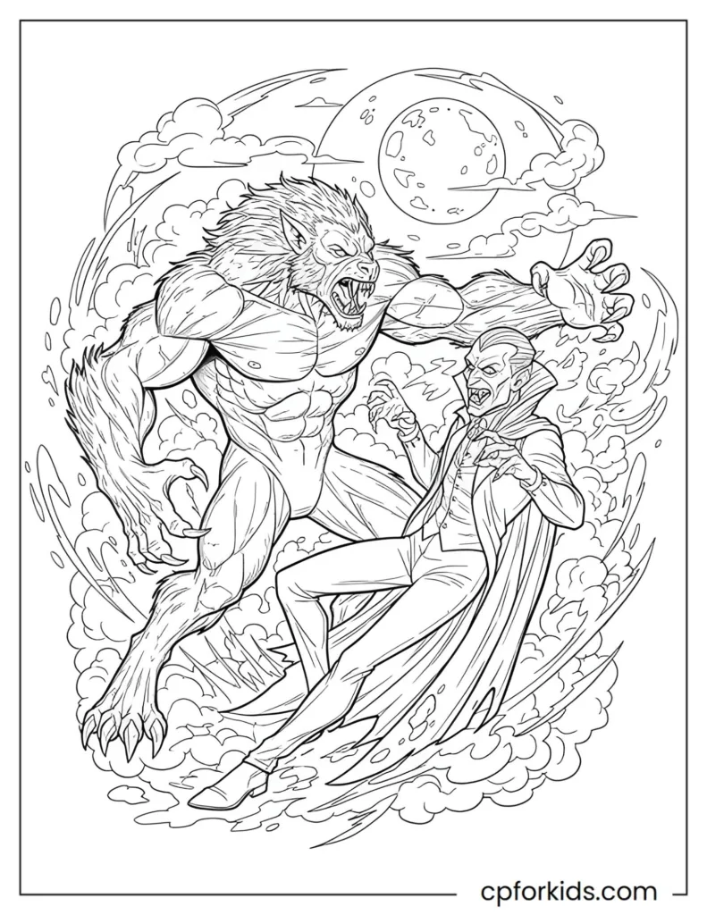 Ferocious werewolf fighting another monster (zombie/vampire), dynamic action scene coloring page.