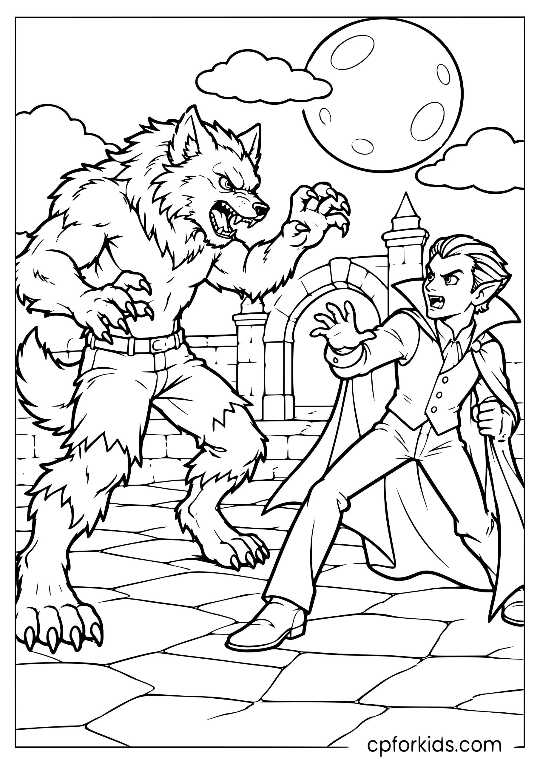 Werewolf and vampire facing each other in a courtyard