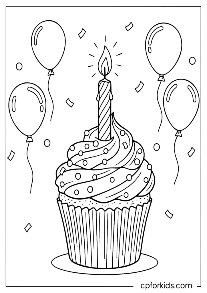 Birthday cupcake with candle, balloons, and confetti pieces