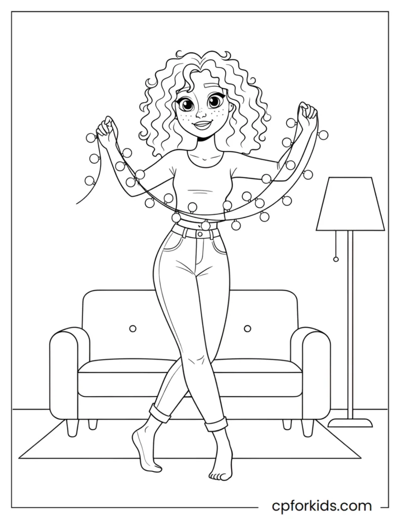 Festive curly hair fairy dancing with fairy lights in a living room coloring page