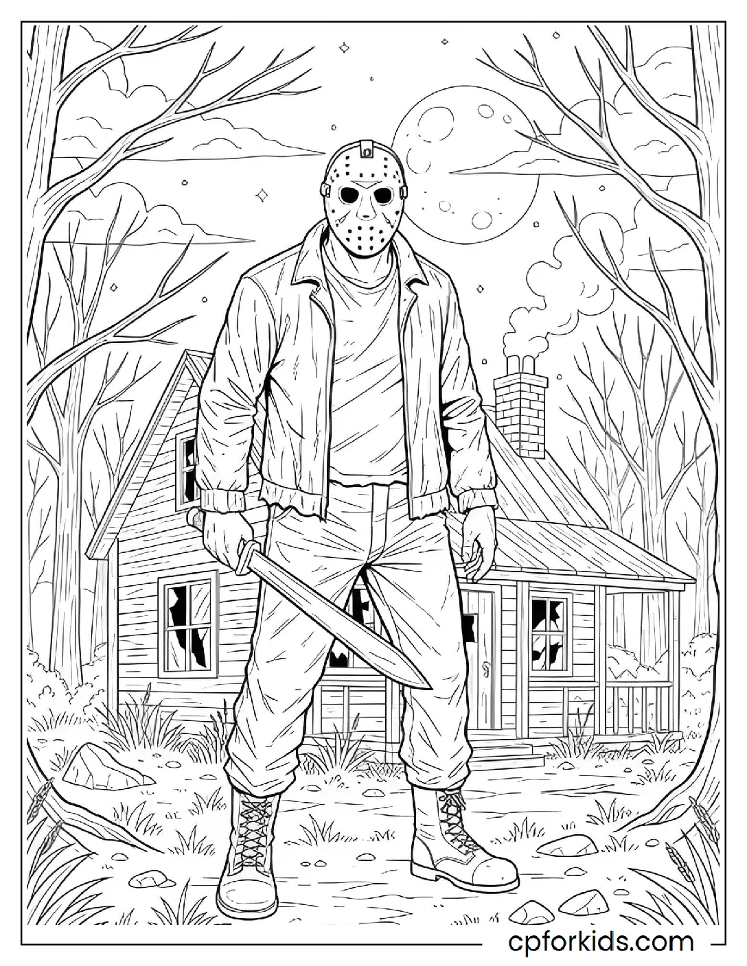 Masked figure with a machete at a cabin