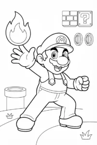 Fire Mario tossing a fireball near blocks and coins